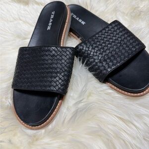 Trask Black Leather Woven Slides